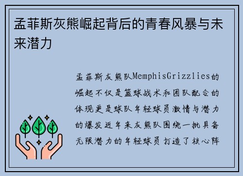 孟菲斯灰熊崛起背后的青春风暴与未来潜力 孟菲斯灰熊崛起背后的青春风暴与未来潜力