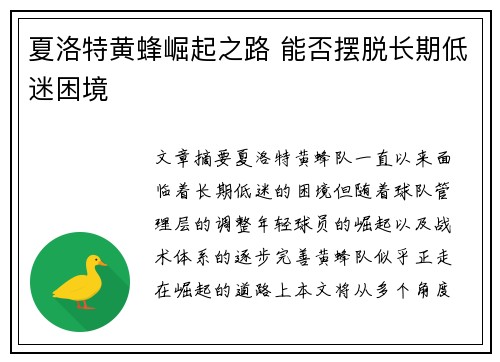 夏洛特黄蜂崛起之路 能否摆脱长期低迷困境